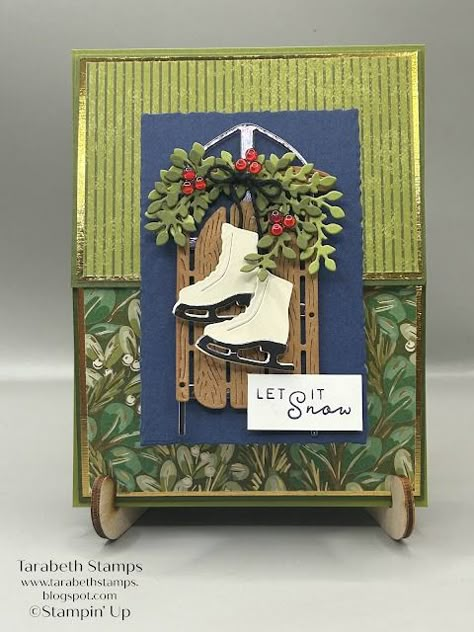 Stampin' Up Sophisticated Sled Let It Snow Double Flap Fun Fold Card | Tarabeth Stamps Christmas Sled, Christmas Gift Card Holders, Stampin Up Project, Stampin Up Christmas Cards, Ice Skates, Stampin Up Christmas, Christmas Cards To Make, Stamping Up Cards, Fun Fold Cards