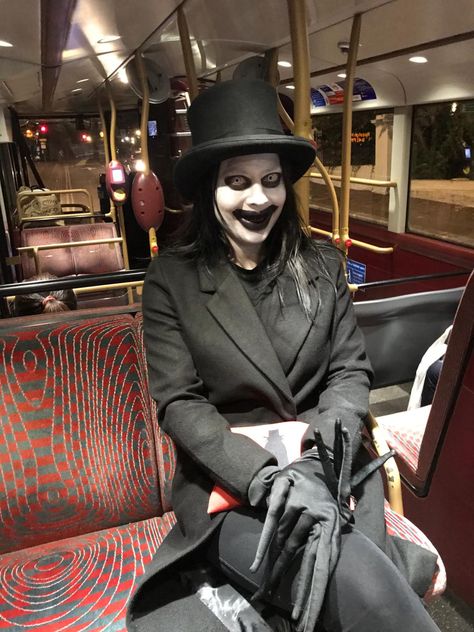 Babadook takes a ride #Costume #Halloween #Babadook Babadook Halloween Costumes, Horrific Halloween Costumes, Unsettling Halloween Costumes, Insidious Costume, Disturbing Halloween Costumes, Pin Head Costume, Horrifying Costumes, Babadook Makeup, Scare Actor Costumes