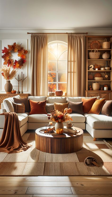 A warm living room with an autumnal feel. Beige sectional sofa with a throw blanket, decorated coffee table, wooden console with decorations. Sunlight coming through enhances the cozy atmosphere. Autumn Interior Design Living Room, Autumn Sofa Decor, Autumn Theme Living Room, Autumn Colour Living Room Decor, Autumn Furniture, Rust Room, Fall Living Room Decor Autumn, Autumn Couch Pillows, Fall Interior Decor