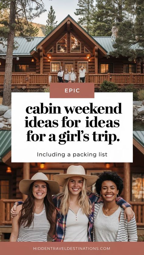 Epic Cabin Weekend Ideas for a Girl's Trip. 7 items you shouldn't forget-Travel Checklist.  Looking for the ultimate girl's trip inspiration? This guide to a cozy cabin weekend has everything you need! From themed ideas like a bachelorette party or sister weekend to must-try activities and a full packing list, plan your perfect getaway with these creative cabin weekend trip ideas. Weekend Cabin Getaway Outfits, Girls Cabin Trip Ideas, Birthday Cabin Trip, Girls Cabin Weekend Ideas, Girls Getaway Weekend Ideas, Cabin Getaway Outfit, Cabin Trip Ideas, Cabin Weekend Ideas, Cabin Weekend Outfit