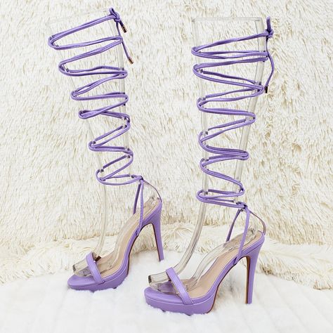 Lilac Purple Long Lace Strappy High Heel Sandals - Totally Wicked Footwear Lilac Lace Up Heels, Purple Tie Up Heels, Sparkly Purple Heels, Purple Lace Up Heels, Purple Butterfly Heels, Purple Wedding Heels, Light Purple Heels, Purple Shoes Heels, Purple Strappy Heels