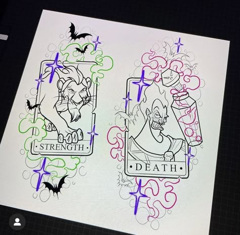 Disney Villans Tattoo Ideas, Simple Disney Villian Tattoos, Disney Villian Tattoo Ideas, Goth Disney Tattoo, Disney Tarot Card Tattoo, Disney Villians Tattoos, Old School Disney Tattoo, Spooky Disney Tattoo, Gothic Disney Tattoo