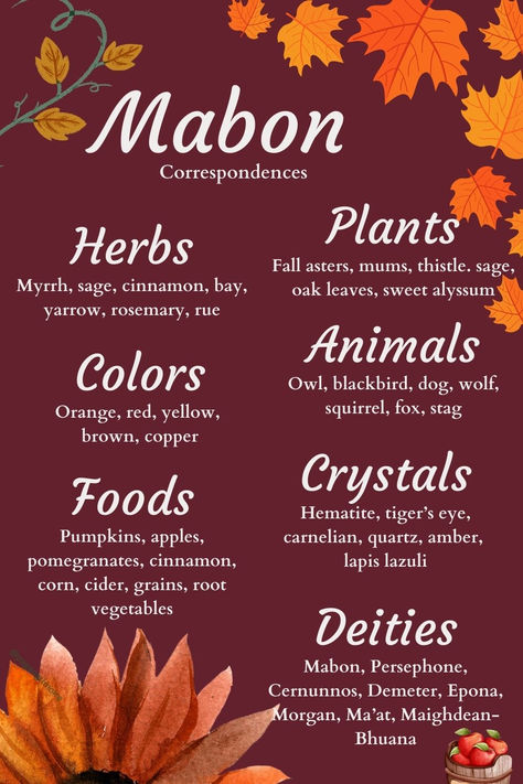 Mabon is the pagan holiday that celebrate the Fall Equinox. Here are the Mabon correspondences for plants, herbs, animals, candles, colors, and more so you can decorate your home or altar. #mabon #paganholiday #wicca #witches #fallequinox Fall Equinox Altar, Mabon Correspondences, Mabon Food, Mabon Decorations, Celebrate Mabon, Mabon Altar, Mabon Celebration, Pagan Holidays, Autumnal Equinox