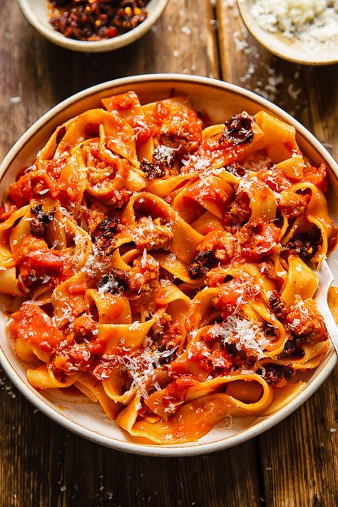 Chili Crisp Sausage Ragu Pappardelle Ragu Pappardelle, Asian Salmon Recipes, Asian Salad Recipe, Sausage Ragu, Afghan Food Recipes, Asian Noodle Salad, Chili Crisp, Italian Sausage Pasta, Asian Noodle Recipes