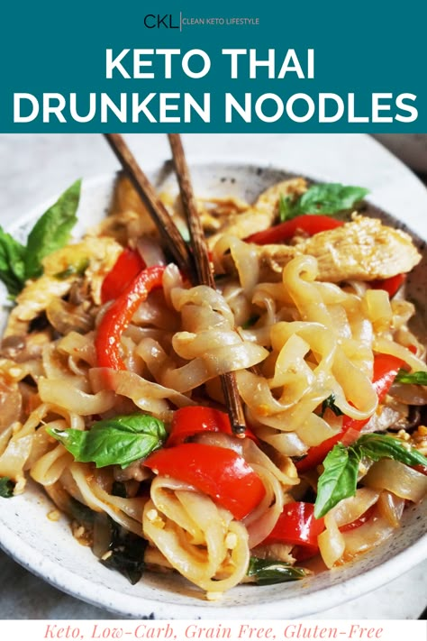 Keto Asian Noodles Recipe, Keto Asian Noodles, Keto Thai Recipes, Low Carb Quick Dinner, Keto Asian Recipes, Konjac Noodles Recipes, Keto Chinese Food, Keto Chinese, Thai Drunken Noodles