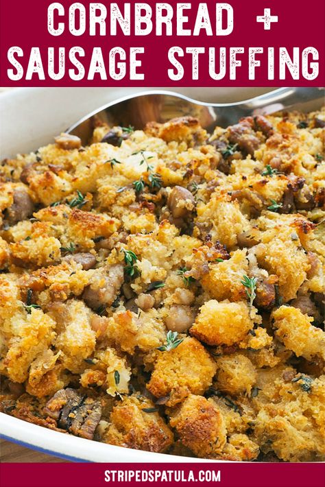 Cornbread Stuffing with Sausage and Chestnuts is one of my family's favorite holiday sides. You can prep it ahead of time for a busy Thanksgiving dinner, too! #thanksgivingrecipes #stuffing #cornbread #homemade Chestnut Stuffing, Sausage Cornbread Stuffing, Holiday Sides, Sage Sausage, Gratin Dish, Cornbread Dressing, Sweet Italian Sausage, Holiday Side Dishes, Stuffing Recipes