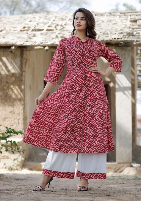 Taj Cotton fabric kurta with block screen print and bottom with full flair Plazo, Sleeves in 3/4 pattern Collar pattern Daily office wear, Perfect for all season specially  in summer  Size m to xxl Collar Kurti Design, Collar Kurti, Cotton Kurta Set, Kurti Palazzo Set, Set Kurti, Kurti Palazzo, Colour Combinations Fashion, Churidar Designs, Simple Kurti Designs