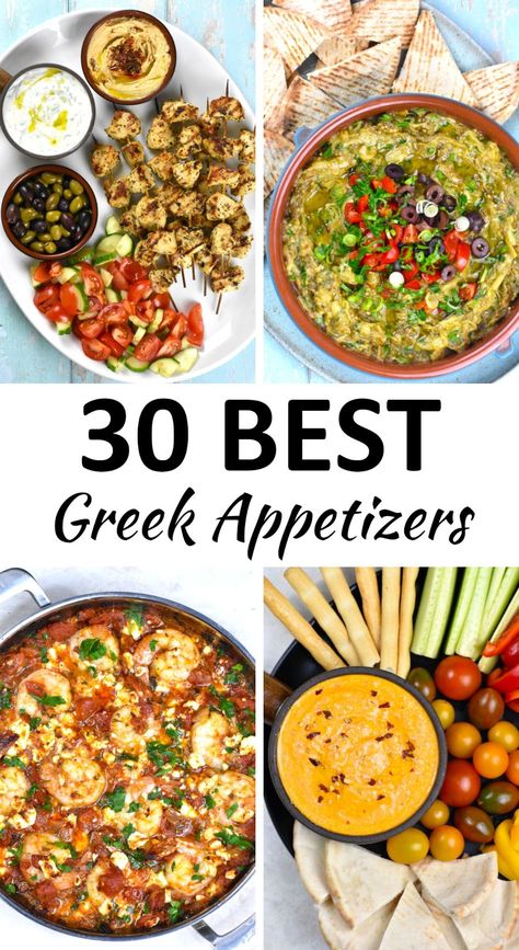 The 30 BEST Greek Appetizers - GypsyPlate Greek Party Food Appetizers, Greek Lunch Party, Vegan Greek Appetizers, Easy Greek Appetizers Parties Food, Greek Mezze Recipes, Greek Hors D'oeuvres, Greek Platter Mediterranean Dishes, Greek Food Side Dishes, Greek Recipes For A Crowd