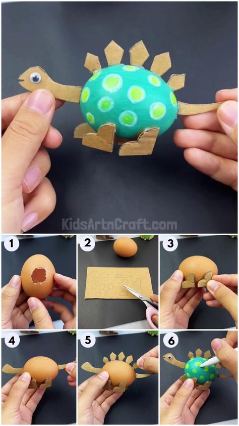 Egg Shell & Cardboard Dinosaur Model Craft Tutorial Check more at https://www.kidsartncraft.com/egg-shell-cardboard-dinosaur-craft-tutorial/ Egg Carton Dinosaur, Diy Dinosaur Decor, Cardboard Dinosaur, Dinosaur Craft, Dinosaur Model, Egg Shell Art, Easter Egg Art, Dinosaur Egg, Dinosaur Crafts