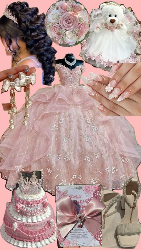 I was board so I made this😀 Quinceanera Dresses Hello Kitty, Pink With Gold Quinceanera Dresses, Blue And Pink Quince Dress, Quince Color Themes, Quinceanera Outfit Ideas, Pink And Silver Quince, Pink And Silver Quinceanera, Aurora Quinceanera Theme, Qenseñera Ideas