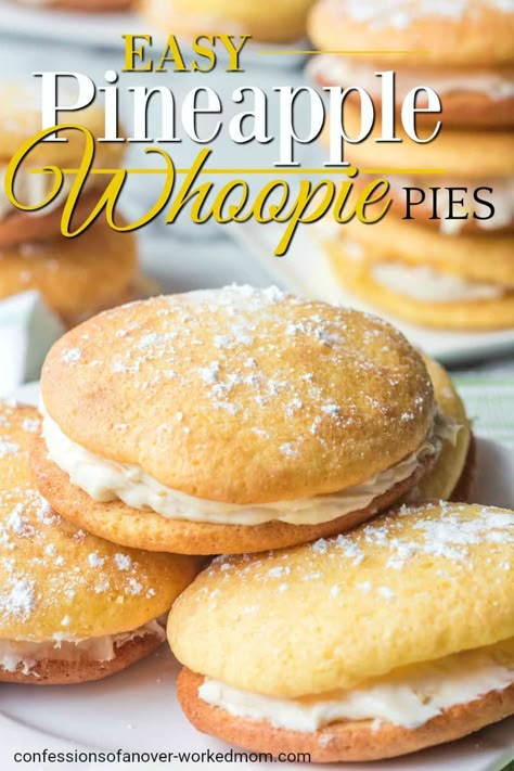 Pineapple Whoopie Pies With Pineapple Cream Cheese Filling, Pineapple Whoopie Pies, Red White And Blue Whoopie Pies, Summer Whoopie Pies, Pineapple Cake Mix Cookies Recipes, Whopper Pie, Maine Whoopie Pie Recipe, Vanilla Whoopie Pie Recipe, Easy Whoopie Pie