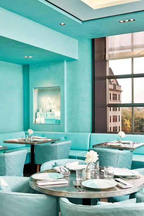 Tiffany & Co. Opens Blue Box Cafe at Harrods in London | Food | Taste | Luxury London Cafe Nyc, Tiffany Blue Box, Holly Golightly, Salon Suites, News Cafe, Breakfast At Tiffany's, Retro Interior, Breakfast At Tiffanys, Greenwich Village