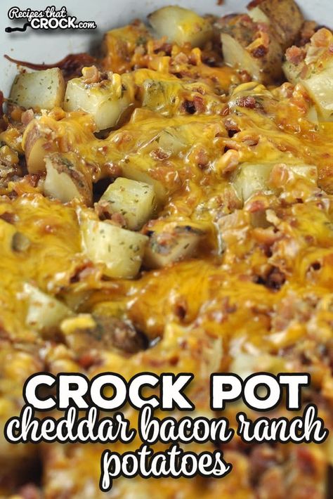 These Crock Pot Cheddar Bacon Ranch Potatoes come together quickly and taste amazing! They were an instant favorite around here. Casserole Crockpot Recipes, Crockpot Foods, Casserole Crockpot, Bacon Ranch Potatoes, Slow Cooker Potatoes, Ranch Potatoes, Crock Pot Potatoes, Slow Cooker Casserole, Crockpot Casserole