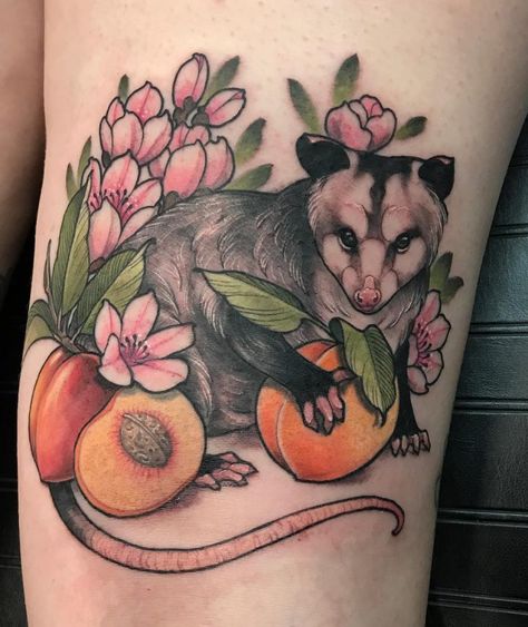 Possum Tattoo, Apple Blossom Tattoos, Opossum Tattoo, Neo Traditional Art, Squirrel Tattoo, Peach Tattoo, Ancient Tattoo, Sunflower Tattoos, Poke Tattoo