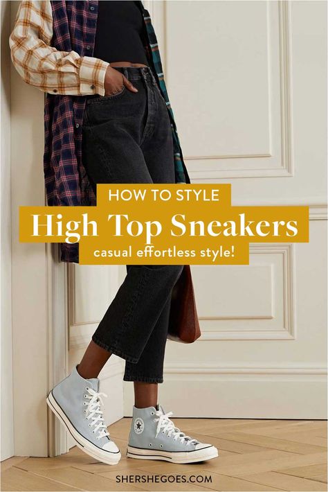 High Top Sneakers Gola Sneakers High Tops, Converse Ankle Shoes Outfit, Hightop Sneaker Outfits Women Casual, Hightop Vans Outfit Winter, Hightop Sneakers Outfits Women, Chuck High Tops Outfit, Converse Hightops Outfit Summer, Styling Chuck Taylors High Tops, Vans Filmore High Top Outfit