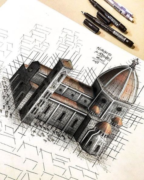 Cathedral Santa Maria Del Fiore. Ink and Color Architectural Drawings. Click the image to see more of Erfan Hasankhani's work. Architecture Drawing Sketchbooks, Architecture Sketchbook, Building Drawing, Pen Art Drawings, Architecture Design Sketch, Architecture Design Drawing, Architecture Concept Drawings, Perspective Art, Architecture Drawing Art