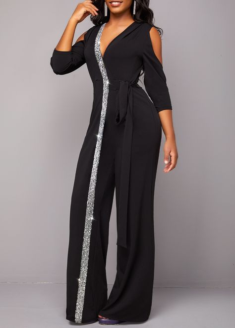 Metal Ring Black Cold Shoulder V Neck Jumpsuit | Rosewe.com - USD $39.98 Black Metal Rings, Silver Jumpsuits, V Neck Jumpsuit, Cold Shoulder Jumpsuit, Mother Mother, Elegante Casual, Mother Teresa, Mothers Day Quotes, Happy Mother