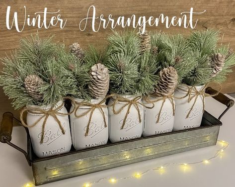 Mason Jar Lantern Centerpieces/wood/buffalo - Etsy Jar Centerpiece Wedding, Decor After Christmas, January Decor, Mason Jar Centerpiece, Winter Arrangements, Winter Centerpieces, Jar Centerpieces, Winter Decorations Diy, Christmas Table Centerpieces