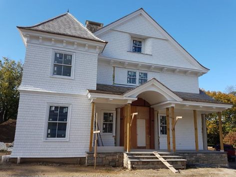 White Shingle House, White Cedar Shake Siding, White Windows Exterior, Cedar Shake House, Stained Brick, Exterior Home Renovation, Cedar Shingle Siding, Cedar Shake Siding, Eastern White Cedar