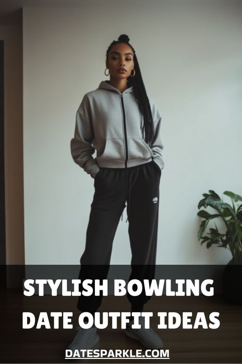 Person wearing a grey jacket and black pants, standing confidently indoors, promoting stylish bowling date outfit ideas. Bowling Shoes Outfit, Mini Skirt With Sneakers, Bowling Outfit Ideas, Bowling Date Outfit, Date Outfit Aesthetic, Bowling Date, Skirts With Sneakers, Bowling Outfit, Date Outfit Ideas