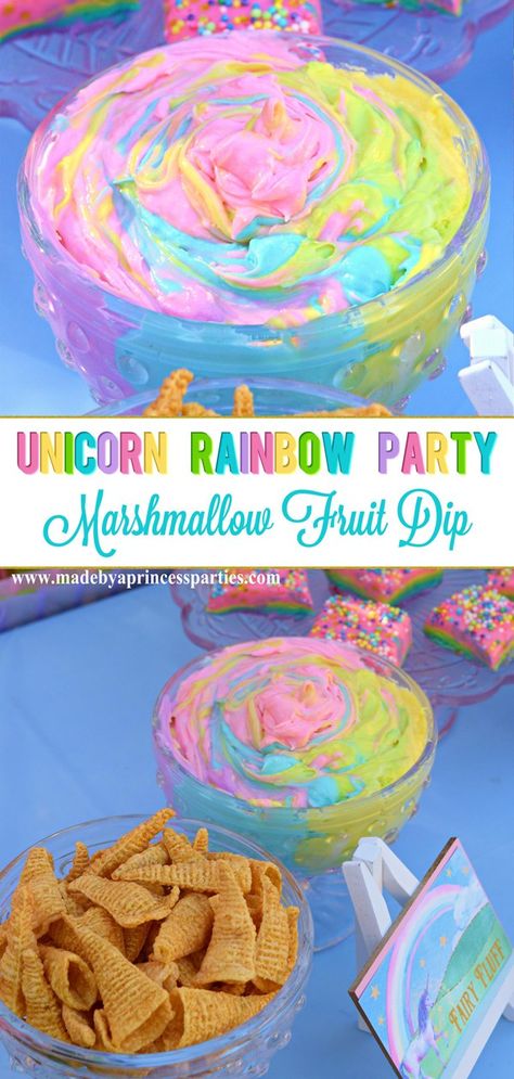 Unicorn Fruit Dip, Unicorn Recipes, Cream Cheese Fruit Dip Recipe, Unicorn Rainbow Party, Rainbow Marshmallow, Rainbow Party Food, Fruit Dip Recipe, Cream Cheese Fruit Dip, Unicorn Party Food