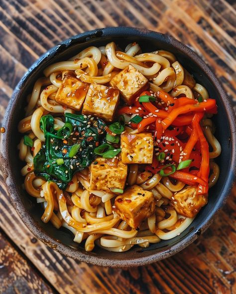 Vegan Udon Noodle Bowl🌱🍜 This comforting and flavourful vegan Udon Noodle Bowl is the hug in a bowl that you've been needing!🤤 Follow @plantiful.palate for more recipes🗒️ Recipe: Ingredients: - 200g firm tofu, cubed - 200g udon noodles - 1 red pepper, thinly sliced - 100g spinach - 2 spring onions, chopped - 2 tbsp soy sauce - 1 tbsp hoisin sauce - 1 tbsp sesame oil - 1 tbsp vegetable oil (for frying) - 1 tsp sesame seeds - 1 tsp red chilli flakes (optional) Method: 1. Cook the udon nood... Vegan Udon Noodle Recipe, Tofu Udon, Udon Noodle Bowl, Vegan Udon Noodles, Vegan Udon, Udon Noodles Recipe, Tofu Noodles, Udon Noodle, Firm Tofu