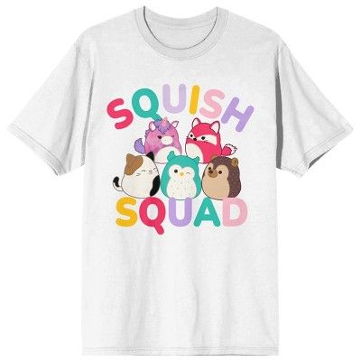 Join the Squish Squad with this Squishmallows tee. The shirt features an image of Cam the Cat, Winston the Owl, and Fifi the Fox while rainbow letters in puff print spell out, “Squish Squad.” The tee comes in a white short sleeve crew neck. Fans of the Squishmalllows characters will love this comfy cotton t-shirt. Squishmallows Birthday Party, Squishmallows Birthday, Squish Squad, Rainbow Letters, Squish Mellow, Trending Graphic Tees, Cute Squishies, Puff Print, Adulting Shirts