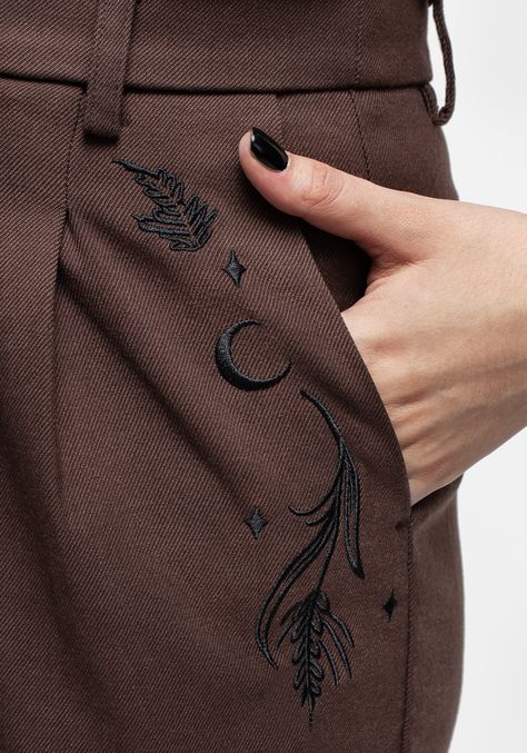 - Brown embroidered balloon-leg trousers - High-rise fit with roomy balloon legs & turned-up cuffs - Button & zipper fastening with belt loops for secure fastening & easy accessorising - Elasticated back waistband for comfort & breathability - Two functional front pockets & two back welt pockets - Rich brown woven twill with black leafy moon embroidery 78% polyester, 20% viscose, 2% elastane Alisa is 5'5" and wearing a size UK8 Balloon Trousers, Printed Denim, Embroidery Inspiration, Embroidery And Stitching, Embroidery Projects, Embroidery Art, Look Cool, Cloth Bags, Diy Clothes