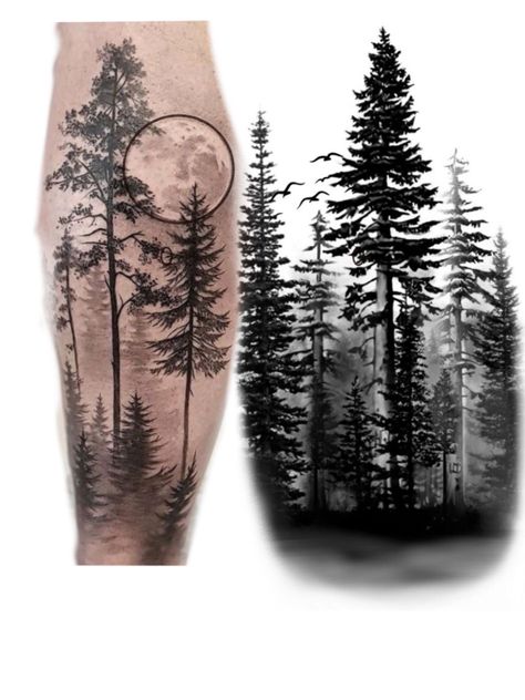 Opeth Tattoo, Tree Forest Tattoo, Trees And Mountains Tattoo, Sycamore Tree Tattoo, Dark Forest Tattoo, Tattoo Landscape, Cool Nature Tattoos, Landscape Tattoos, Loon Tattoo