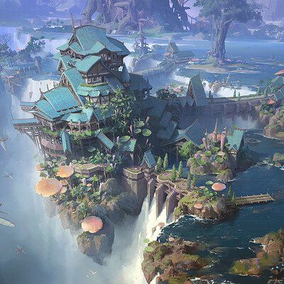 Waterfall City, Fantasy Background, Landscape Concept, Fantasy City, Fantasy Castle, Fantasy Places, Fantasy Setting, Fantasy Map, Futuristic City