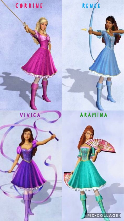 Disney Group Of 4 Costumes, Brunette Barbie Characters, All Barbie Movie Outfits, Barbie Dresses From Movies, Barbie 3 Musketeers Costume, Barbie Musketeer Costume, Barbie Cartoon Outfits, Barbie Movies Halloween Costume, Barbie Movies Outfit Ideas