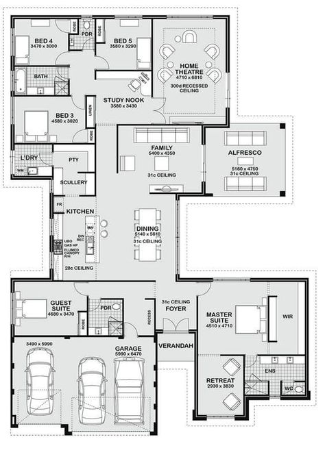 Single Storey House Plans, Open Floor House Plans, 5 Bedroom House Plans, Bedroom Ensuite, 4 Bedroom House Plans, Three Bedroom House, Building House Plans Designs, House Plan Gallery, Sims House Plans