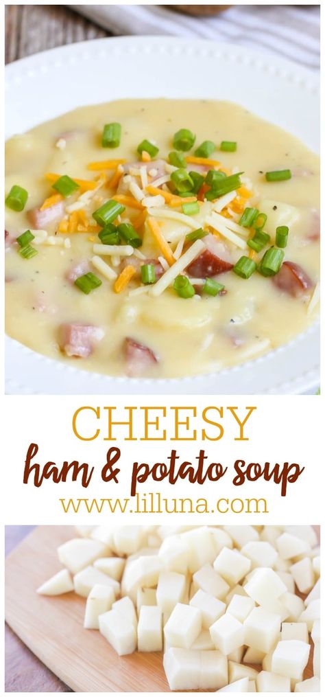 This Cheesy Ham and Potato Soup is simple and DELICIOUS!! With potatoes, ham, cheese, scallions, and yummy spices, this soup is FULL of flavor! #cheesyhamandpotatosoup #hamandpotatosoup #cheesysoup #hamandpotato #cheesy Potato Ham And Cheese Soup, Ham And Potatoes Soup, Ham And Potato Soup Crockpot, Cheesy Ham Potato Soup, Potato Ham Soup, Cheesy Ham And Potato Soup, Simple Potato Soup, Potato And Ham Soup, Ham Potato Soup