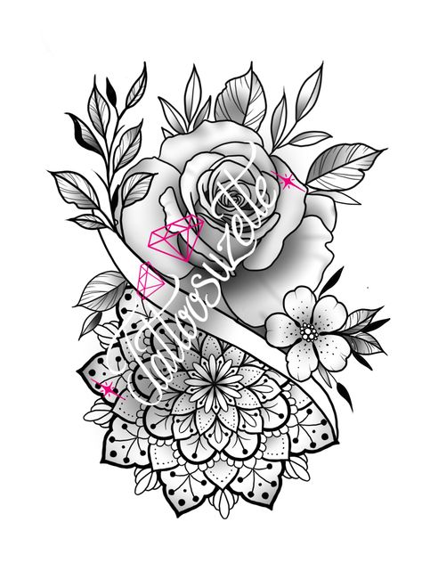 Tattoo Suzette, Disney Outline, Flower Mandala Tattoo, Mandala Rose Tattoo, Lower Leg Tattoos, Blossom Tattoo, Mandala Tattoo Design, Lower Leg, Mandala Tattoo