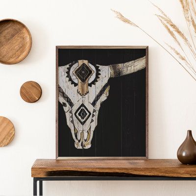 Black And Gold Western Decor, Longhorn Steer Art, Accent Wall Western, Gothic Western Home Decor, Western Accent Wall, Western Glam Decor, Western Gothic Decor, Black Farmhouse Decor, Western Boho Living Room