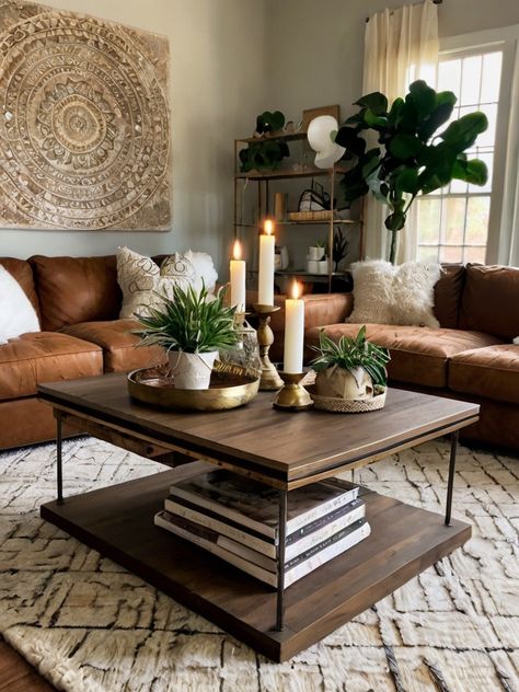 Double Coffee Table Ideas for 2024: Trending, Modern and Rustic Designs - Homezillo Coffee Table Brown Couch, Dark Brown Coffee Table Decor, Antique Coffee Table Decor, Dark Coffee Table Decor, 2 Coffee Tables In Living Room, Rustic Coffee Table Decor Ideas, Living Room Coffee Table Decor Ideas, Black Coffee Table Decor, Coffe Table Arrangment