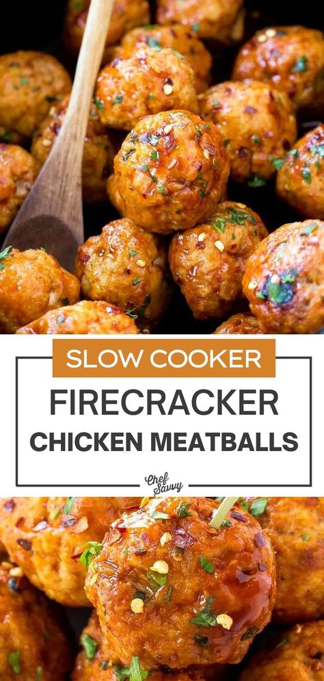 Firecracker Meatballs Crockpot, Chicken Meatball Appetizer Party Appetizers, Slow Cooker Chicken Meatballs, Crockpot Chicken Meatballs, Slow Cooker Meatball Recipes, Chicken Meatballs Crockpot, Firecracker Chicken Meatballs, Firecracker Meatballs, Crockpot Party Food