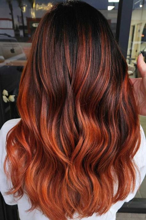 Hottest Brown Ombre Hair Ideas ★ Brown To Red Ombre Hair, Brown Hair With Copper Balayage, Reddish Brown Ombre Hair, Brown To Orange Ombre Hair, Copper Ombre Hair, Ginger Balayage, Dark Brown To Copper Ombre, Fall Ombre Hair, Auburn Ombre Hair