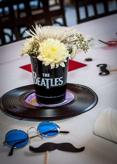 Centerpiece idea I created for my dad's party Beatles Party Decorations, Beatles Baby Shower, 65th Birthday Party Ideas, Festa Rock Roll, Beatles Themed Party, Beatles Birthday Party, Birthday Surprise For Mom, Beatles Theme, Beatles Birthday