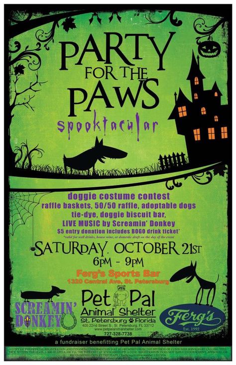 There is so much #FloridaDogFun happening, this weekend. Party for the Paws, a fun benefit for our pals at Pet Pal Animal Shelter, is this evening at Ferg's Sports Bar & Grill. #halloween Halloween Pet Costume Contest Flyer, Dog Rescue Event Ideas, Dog Daycare Event Ideas, Dog Shelter Fundraising Ideas, Dog Fundraising Ideas, Barktober Fest, Animal Fundraiser, Dog Adoption Event, Animal Shelter Donations