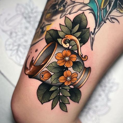 Neo Traditional Teacup Tattoo, American Traditional Fall Tattoos, New School Neo Traditional Tattoo, Neotraditional Fall Tattoo, Shoulder Tattoo Neo Traditional, Neotraditional Coffee Tattoo, Neo Tradional Tattoo Ideas, Book Tattoo Color, Neo Traditional Book Tattoo