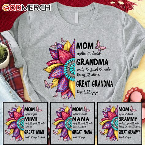 Sunflower Gemstone Mom Grandma Great Grandma And Kids CTH01 T-ShirtGreat as Birthday gifts or Holiday presents. This adorable item can be designed upon anyone's wish with any title.Please enter:1. Nickname. ie. Grandma, Nana, Mimi, ...etc.2. Kids' Names wanted on the shirt (Names separated by commas)All items are made to order.* Please be aware that the physical product's colors may differ slightly from the mockup. Brand: Gildan Classic unisex cut makes this easy to fit the body. Material: Heavy Great Grandma Shirt, Mom Grandma Great Grandma, Cute Nicknames, Great Grandma, Sunflower Shirt, Grandma Shirt, Flat Collar, Personalized Grandma, Grandma Shirts