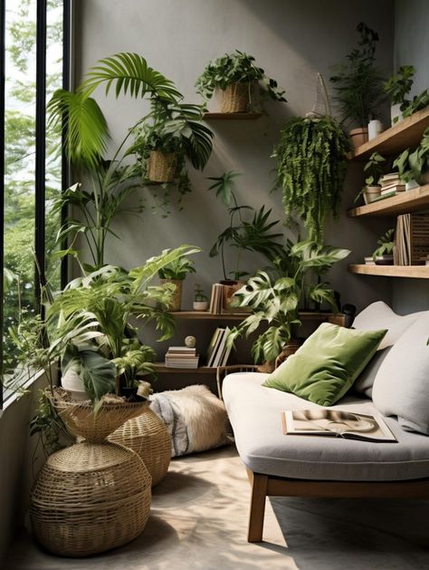 Home Interior Design Plants, Home Plant Design, Concrete Home Decor Ideas, Loft Plants Decor, Plant Filled Home Office, Plant Industrial Design, Plants Interior Decor, House Plant Room Ideas, Boho Plant Room Ideas