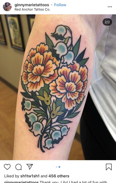 Marigold Tattoo Traditional, Daffodil Tattoo Traditional, American Traditional Daffodil Tattoo, American Traditional Marigold Tattoo, American Traditional Birth Flowers, Marigold Traditional Tattoo, Traditional Style Daffodil Tattoo, Traditional Marigold Tattoo, American Traditional Flower Sleeve