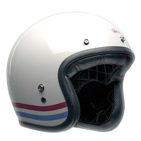 Bell Custom 500 Helmet - Stripes Pearl White | Open Face Motorcycle Helmets | FREE UK delivery - The Cafe Racer White Motorcycle Helmet, Bell Custom 500, Bell Helmets, Cafe Racer Moto, Roland Sands Design, Motorcycle Tips, White Motorcycle, Vintage Cafe Racer, Bell Helmet