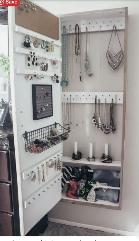 Diy Wall Jewelry Cabinet, Jewellery Cabinet Ideas, Diy Wall Mount Jewelry Organizer, Diy Hanging Jewelry Cabinet, Diy Mirror With Storage, Jewelry Mirror Organizer, Jewelry Box Wall Mount, Diy Jewelry Cabinet With Mirror, Wall Mount Jewelry Cabinet