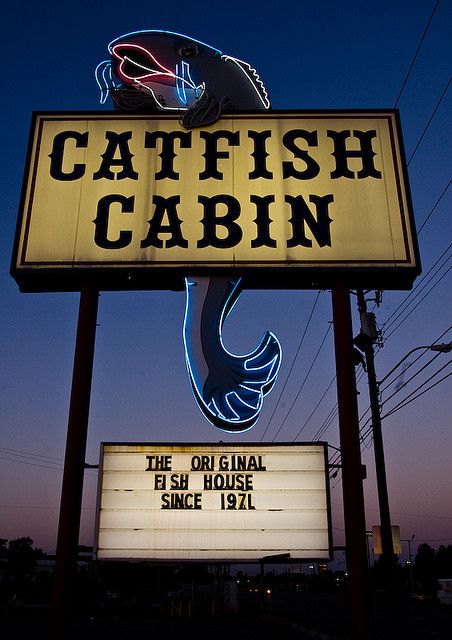 Catfish Cabin--last time in one of these was in Tuscaloosa and before that, in Albertville, Alabama. Are they still there? Good ole Southern fried catfish!!! Albertville Alabama, Gadsden Alabama, Dauphin Street Mobile Alabama, Athens Alabama, Rural Alabama, Vintage Seafood Signs, Catfish Meme, Tuscaloosa Alabama, Crab Claws