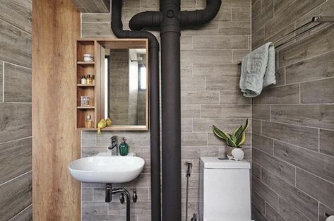 Hiding Plumbing Pipes On Wall, Hiding Pipes On Wall, Exposed Pipes Bathroom, Hide Pipes In Bathroom, How To Hide Pipes On Wall, Hdb Toilet, Hide Pipes, Exposed Plumbing, Scandi Interior Design