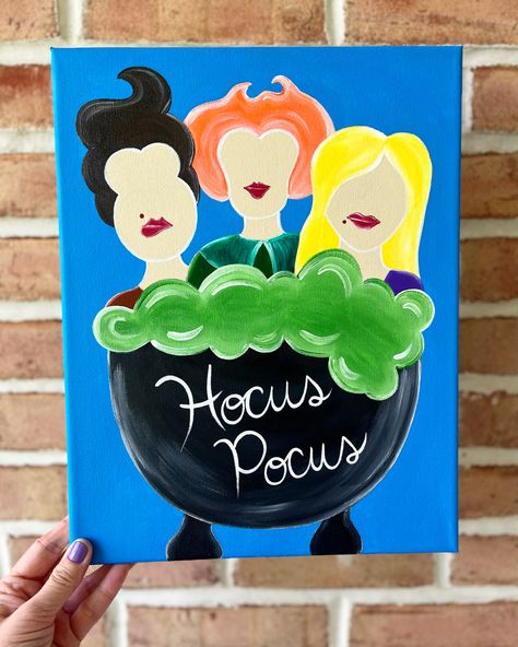 Canvas painting. Diy. Home decor. Disney. Hocus pocus. Halloween. Halloween decor. Handmade. Halloween Painting Hocus Pocus, Hocus Pocus Painting Easy, Easy Hocus Pocus Painting, Hocus Pocus Painting Ideas, Small Halloween Canvas Paintings, Disney Halloween Painting, Fall Canvas Painting Easy, Hocus Pocus Canvas Painting, Hocus Pocus Pumpkin Decorating