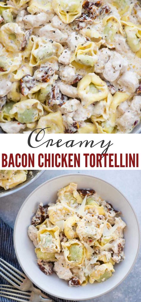 Creamy Chicken Tortellini with bacon and sundried tomato is comforting and easy dinner recipe- loaded with juicy chicken, bacon, sundried tomatoes and a delicious cream sauce. Creamy Chicken Tortellini, Crock Pot Tortellini, Cheese Tortellini Recipes, Vegetable Pasta Bake, Comfort Pasta, Chicken Tortellini, Creamy Chicken Pasta, Tortellini Recipes, Tortellini Salad